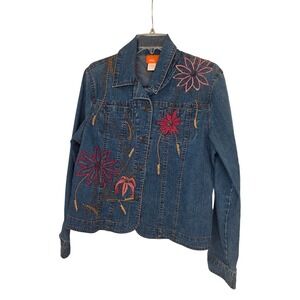 Hearts of Palm Womens Denim Jacket Blue Floral Embroidery Size 10